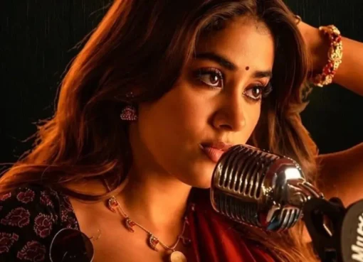 Janhvi Kapoor looking stylish on a movie poster with a moody aesthetic