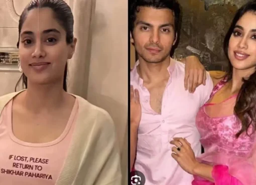 Janhvi Kapoor smiling in a nightsuit with text on it.