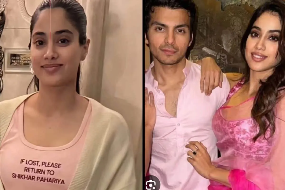 Janhvi Kapoor smiling in a nightsuit with text on it.