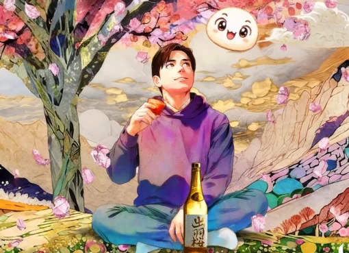 Illustration of traditional Japanese sake and artistic animation style