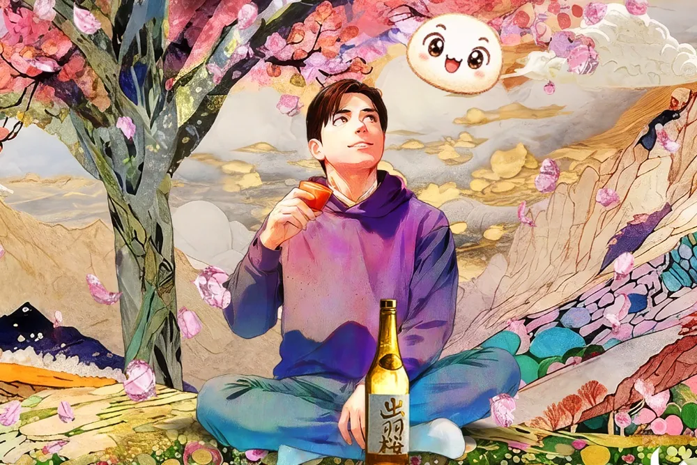 Illustration of traditional Japanese sake and artistic animation style
