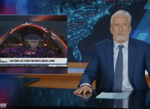 Jon Stewart speaking passionately on the set of The Daily Show