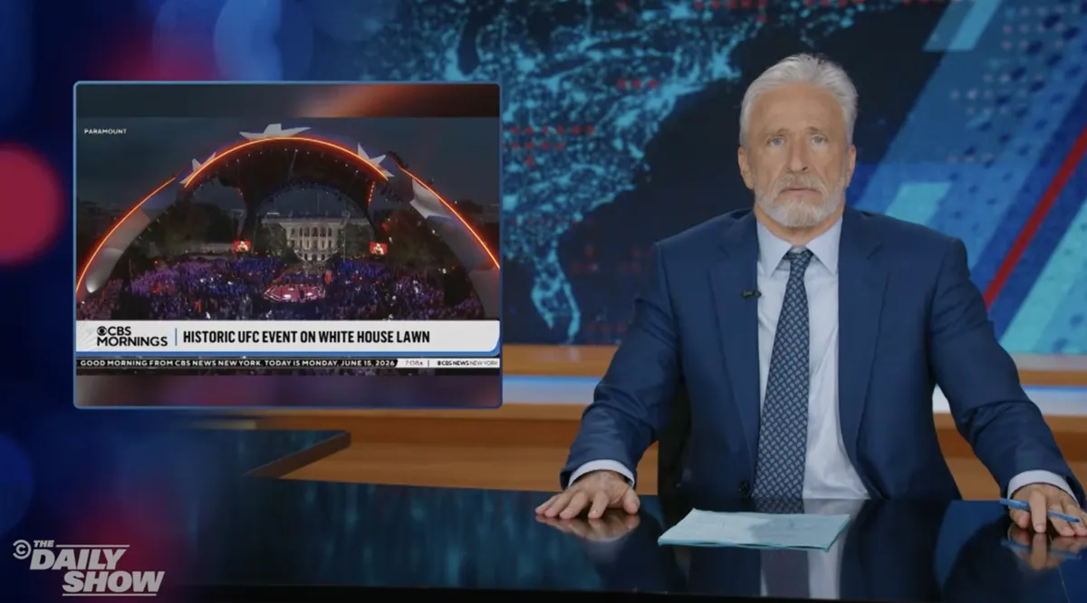 Jon Stewart speaking passionately on the set of The Daily Show