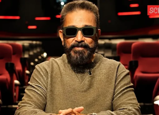 Kamal Haasan looking thoughtful, perhaps against a backdrop hinting at a grand film production.
