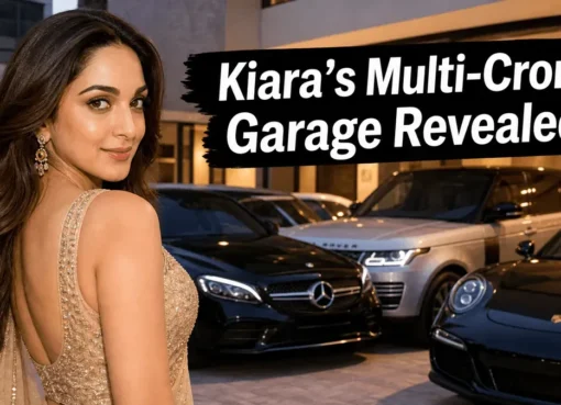 Kiara Advani posing next to a luxury car, like a Mercedes-Maybach, in a fancy garage.