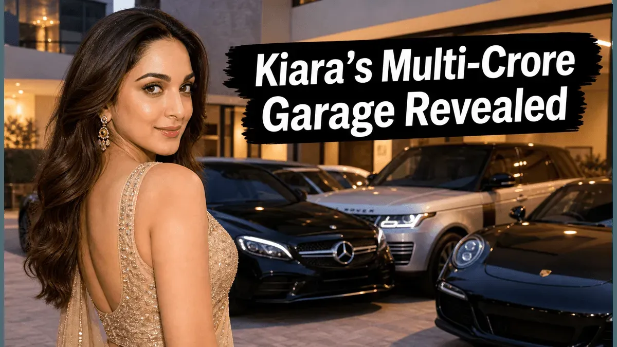 Kiara Advani posing next to a luxury car, like a Mercedes-Maybach, in a fancy garage.