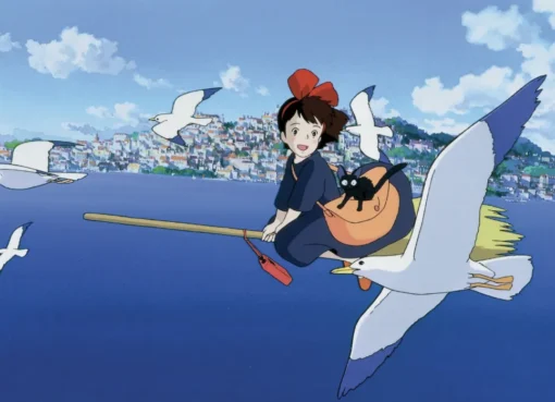 Illustration of Kiki flying on her broomstick with her black cat Jiji against a bright, European-inspired sky.