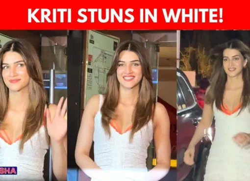 Kriti Sanon in a white gown interacting with fans at a cinema.