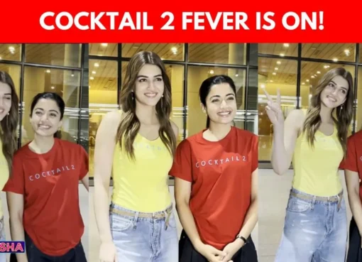 Kriti Sanon in a yellow 'Cocktail 2' top and Rashmika Mandanna in a red 'Cocktail 2' top, smiling at the airport.