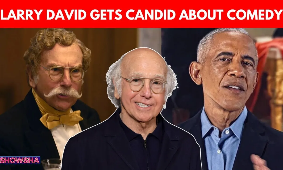 Larry David standing on a red carpet at his HBO show premiere in Los Angeles.