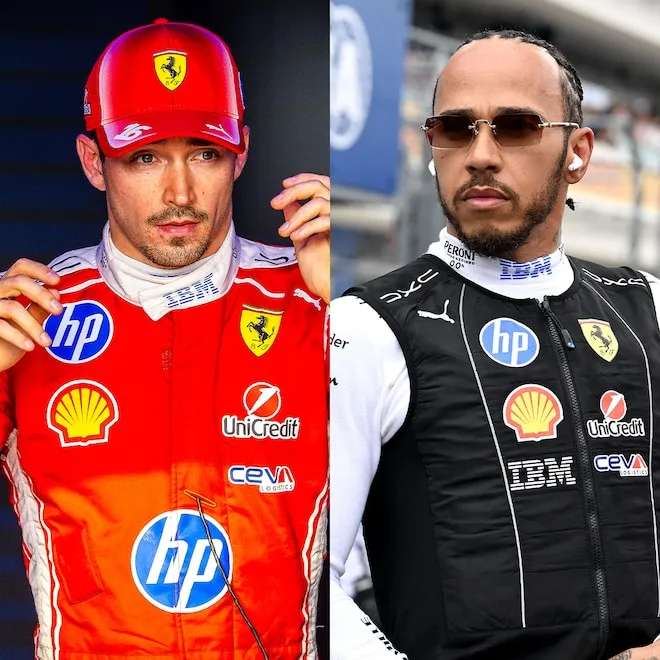 An F1 driver and their partner looking stylish and happy at a glamorous event.