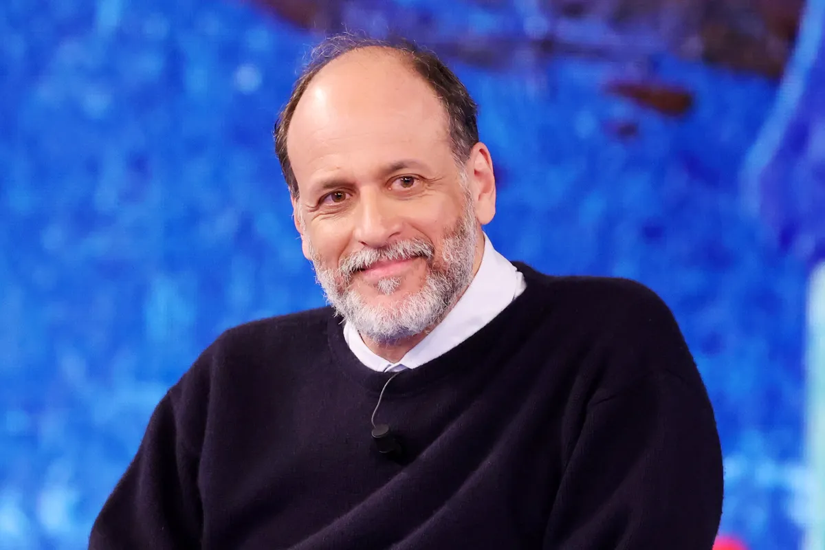 Luca Guadagnino speaking on a television show with a serious expression.
