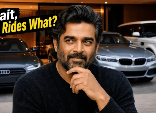 R Madhavan smiling next to a classic motorcycle.