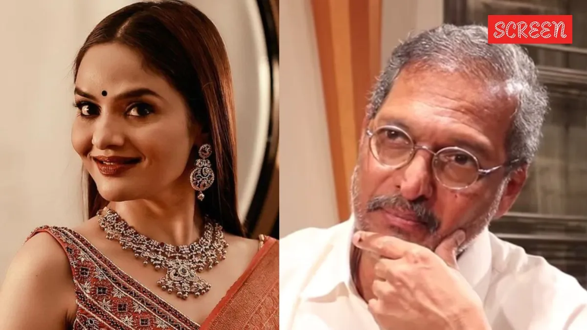 Madhoo smiling at an event, with an intense image of Nana Patekar in a film scene.
