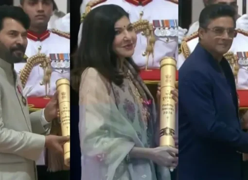 Mammootty and R Madhavan standing proudly at the Padma Awards ceremony