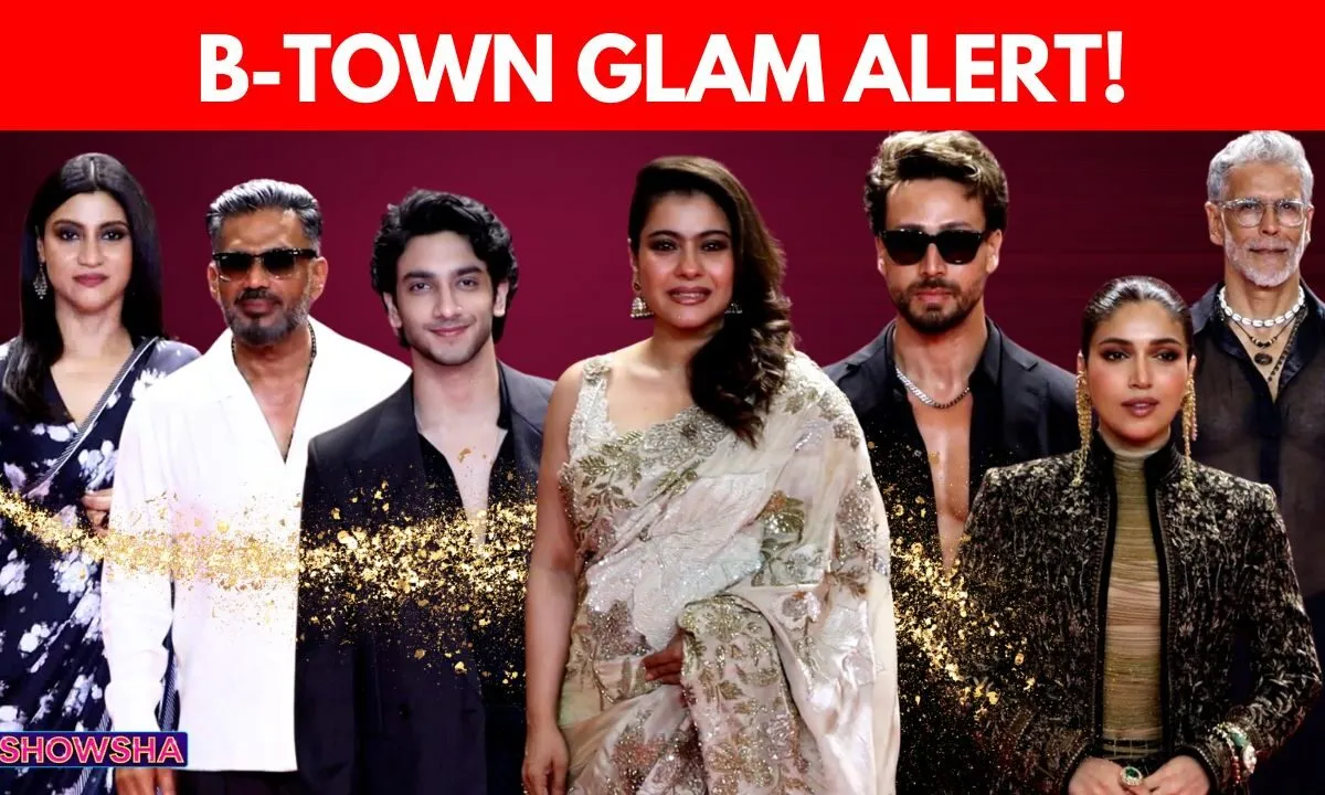 Kajol, Suniel Shetty, Konkona Sensharma, Vedang Raina, and Bhumi Pednekar posing on a red carpet at an award show in Mumbai.