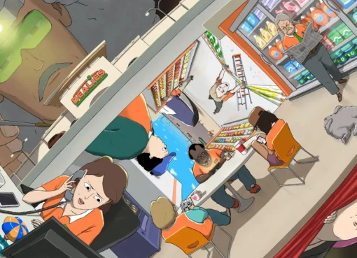 An illustration of a cartoon big box store with colorful signage.