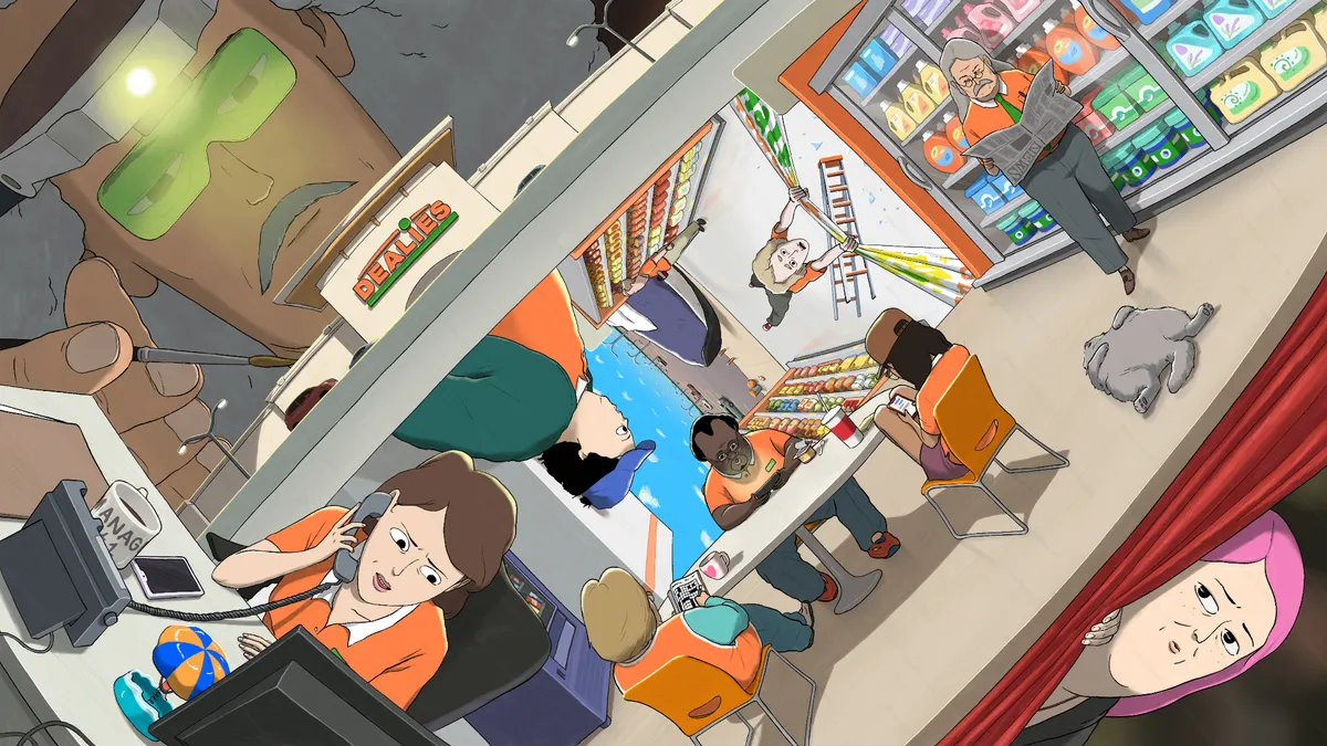 An illustration of a cartoon big box store with colorful signage.