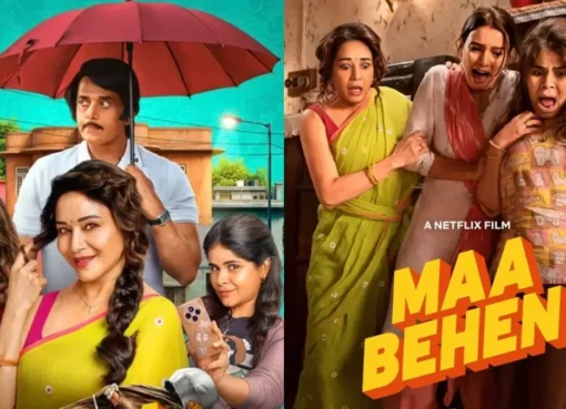 Madhuri Dixit, Triptii Dimri, and Dharna in a scene from the movie 'Maa Behen'.