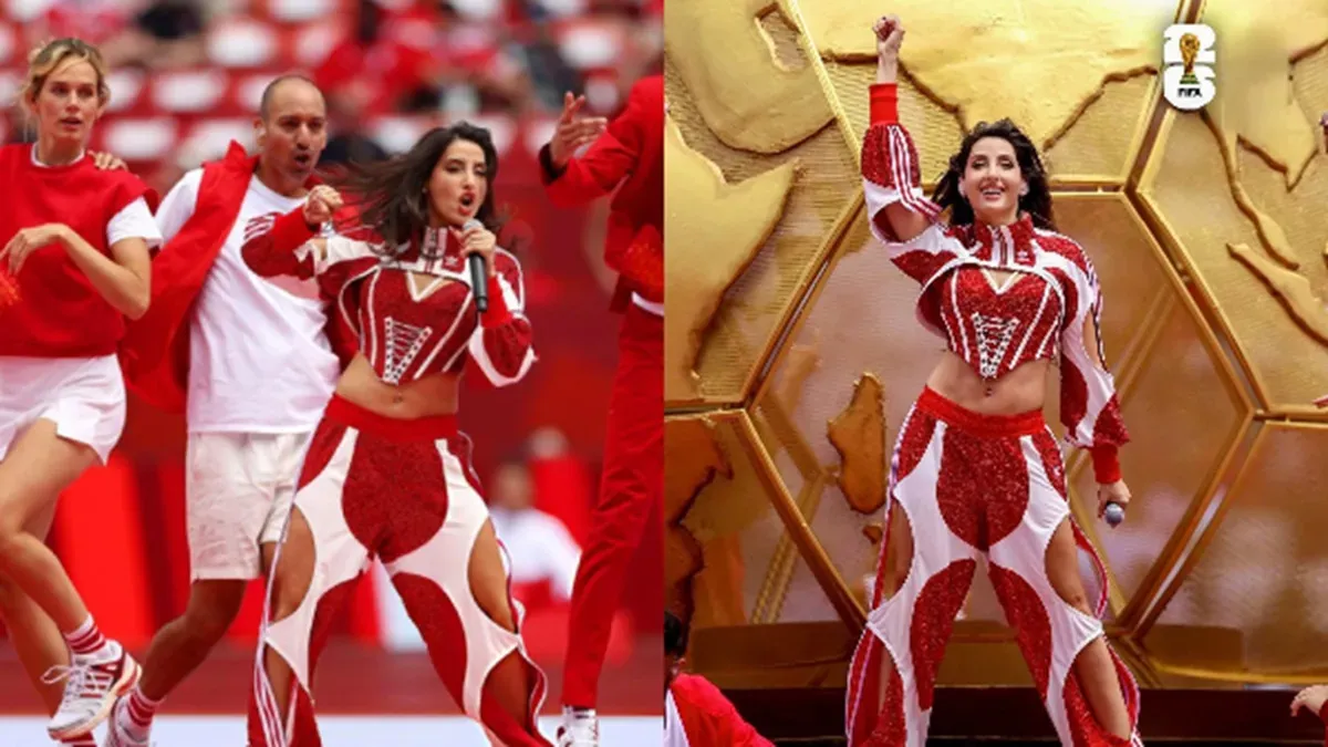 Nora Fatehi performing on a brightly lit stage at a sporting event.
