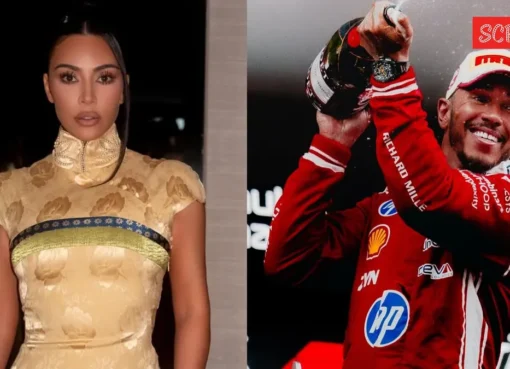 Lewis Hamilton kissing Kim Kardashian after a race.