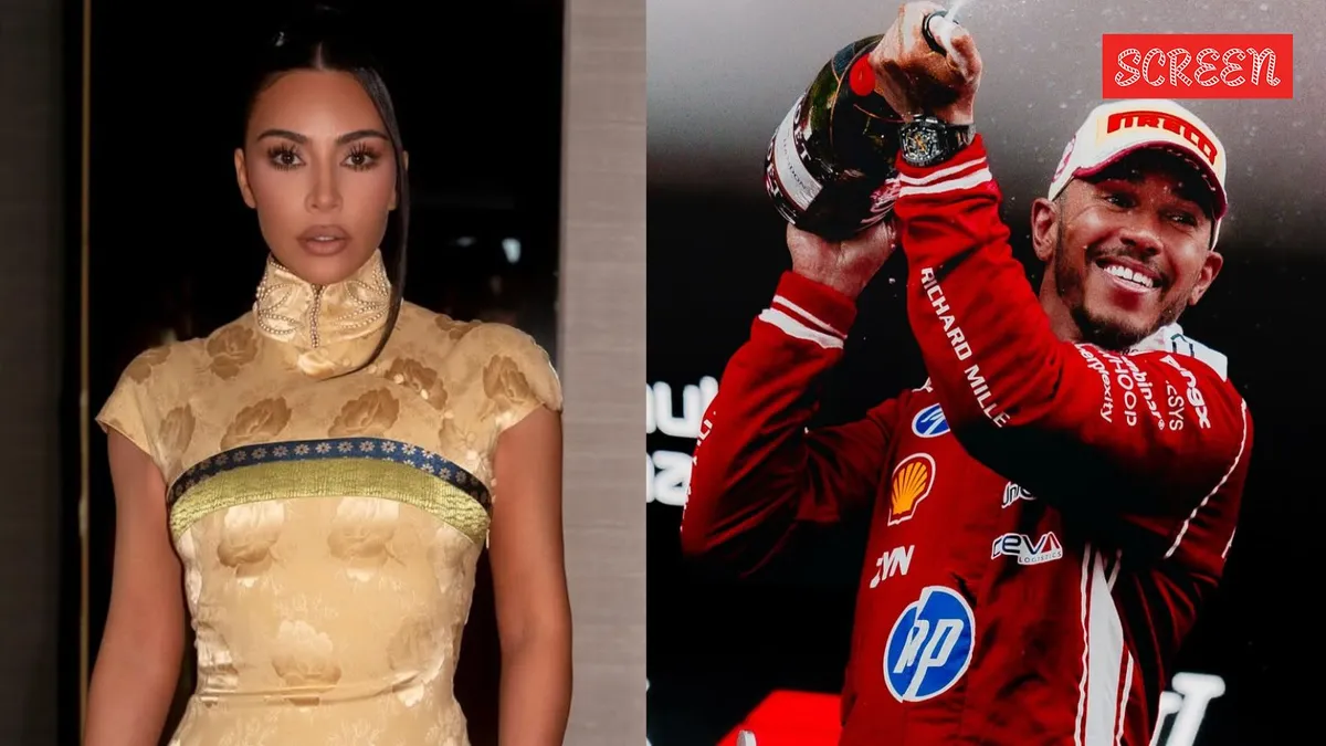 Lewis Hamilton kissing Kim Kardashian after a race.