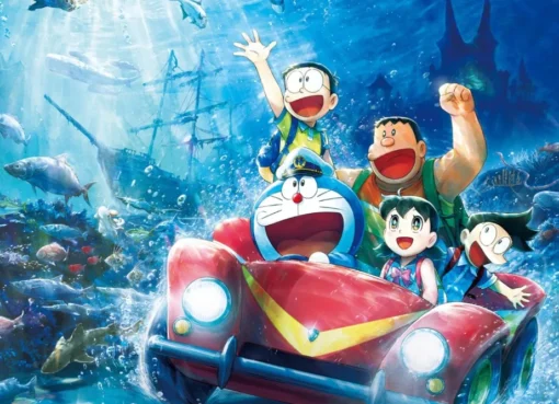 Doraemon and Nobita looking adventurous as they swim in an ocean filled with colorful fish, with an undersea castle in the background.