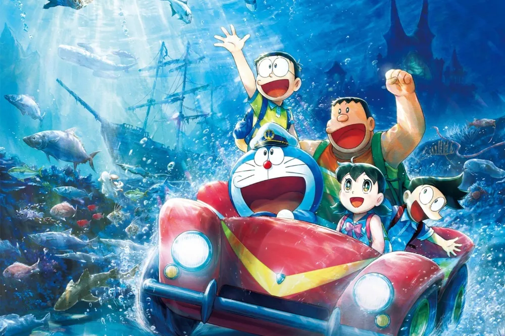 Doraemon and Nobita looking adventurous as they swim in an ocean filled with colorful fish, with an undersea castle in the background.