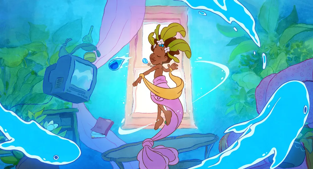 Animated still from the film Julián showcasing vibrant colors and characters.
