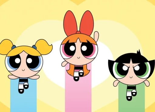 The Powerpuff Girls, Blossom, Bubbles, and Buttercup, in their signature flying pose above Townsville.