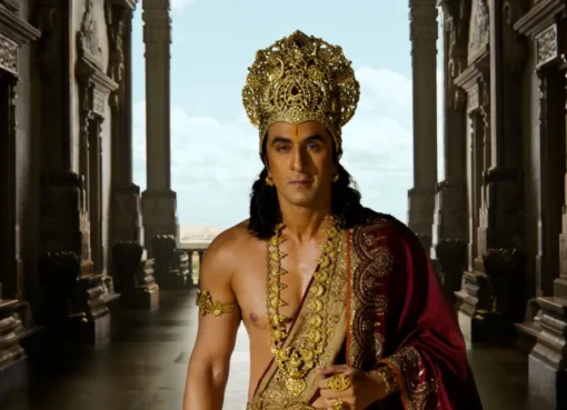 Promotional artwork for Nitesh Tiwari's 'Ramayana Part 1' featuring Ranbir Kapoor and Yash in powerful, regal poses.