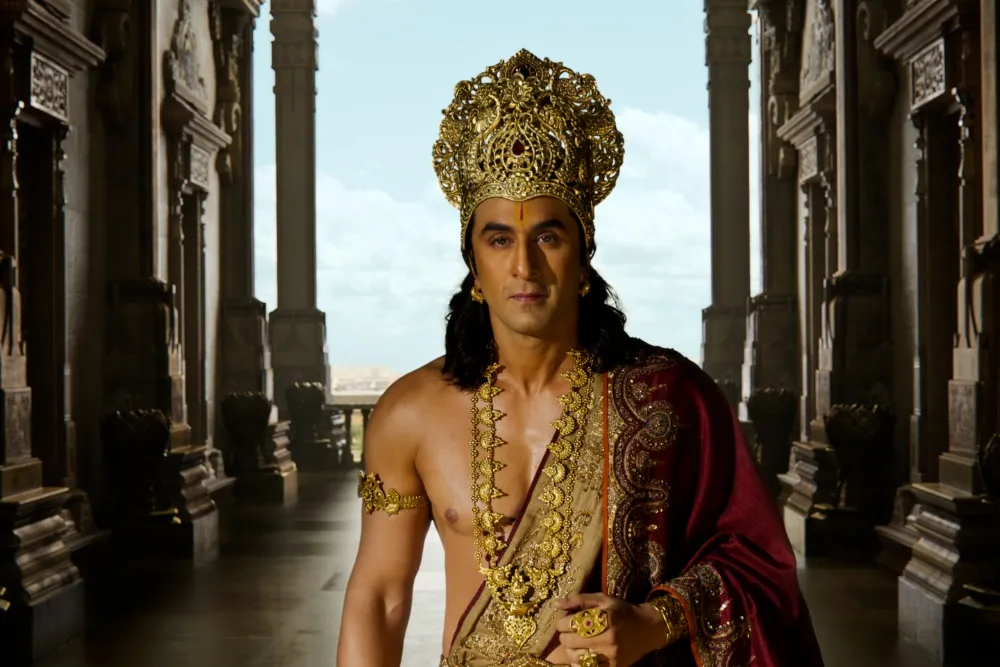 Promotional artwork for Nitesh Tiwari's 'Ramayana Part 1' featuring Ranbir Kapoor and Yash in powerful, regal poses.