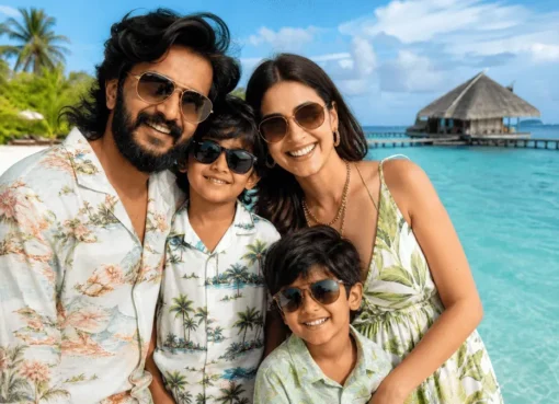 Riteish Deshmukh and Genelia Deshmukh with their children on a beach in the Maldives.