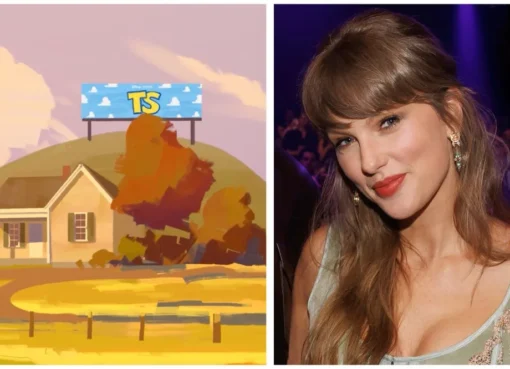 Taylor Swift smiling with a Toy Story character like Woody or Buzz Lightyear in the background.