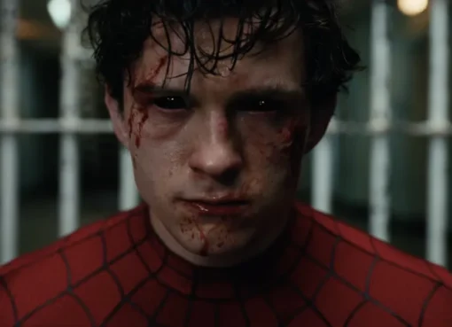 Tom Holland as Spider-Man, looking stressed, with glowing, uncontrolled powers.
