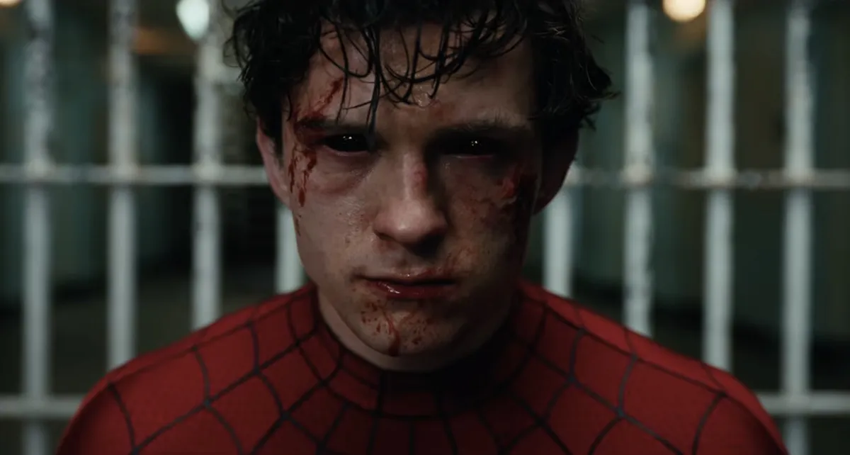 Tom Holland as Spider-Man, looking stressed, with glowing, uncontrolled powers.