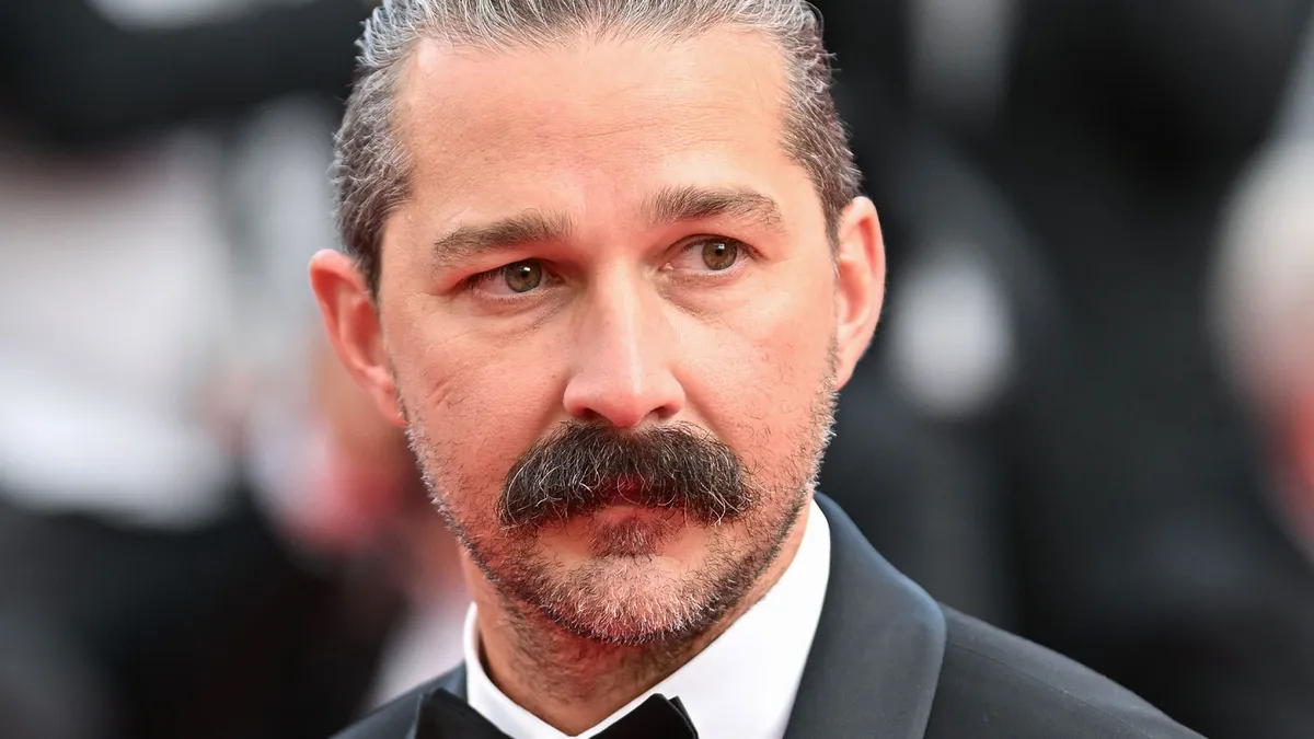 Shia LaBeouf looking stressed in a courtroom.