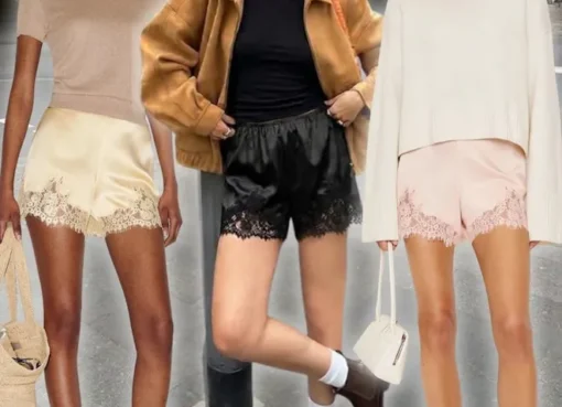 A person wearing satin lace shorts and an oversized shirt.