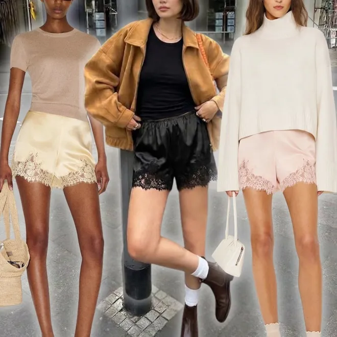 A person wearing satin lace shorts and an oversized shirt.