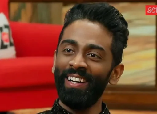 Pranit More looking apologetic in a video, with a graphic image of biryani in the background.
