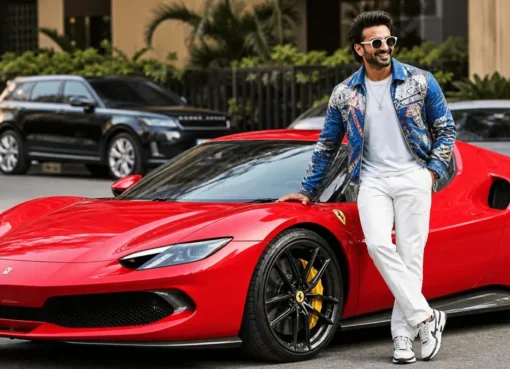 Ranveer Singh standing next to a sleek black Ferrari 296 GTB.