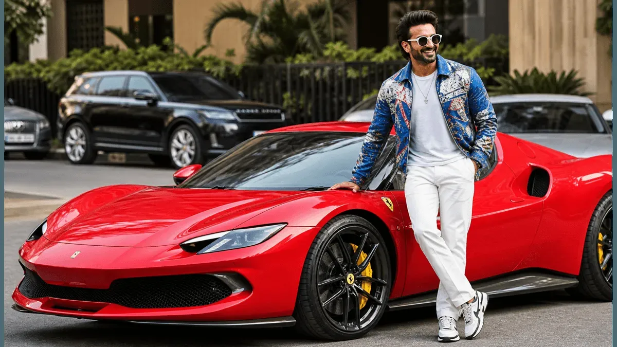 Ranveer Singh standing next to a sleek black Ferrari 296 GTB.