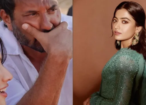 Rashmika Mandanna playfully pointing at Homi Adajania on a film set.