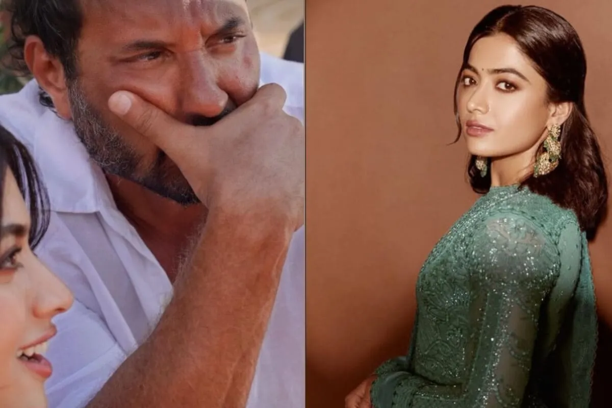 Rashmika Mandanna playfully pointing at Homi Adajania on a film set.