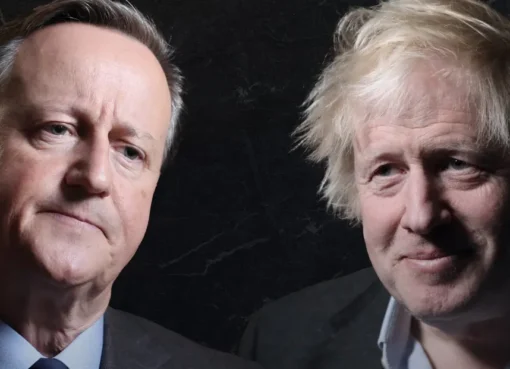 Norma Percy, a documentary filmmaker, engaged in a serious conversation with a politician, likely Boris Johnson, about the Brexit period.