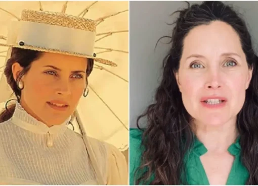 Rachel Shelley smiling, dressed in a period costume as Elizabeth Russell from Lagaan.