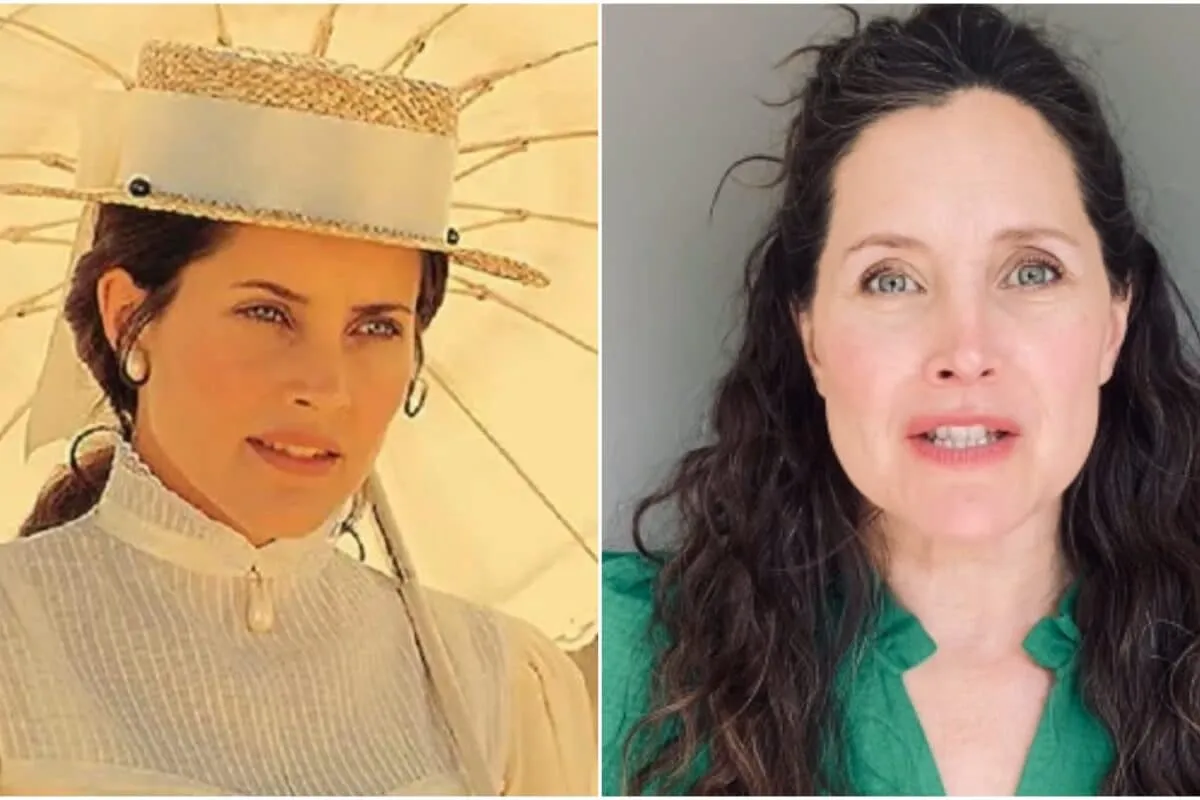 Rachel Shelley smiling, dressed in a period costume as Elizabeth Russell from Lagaan.