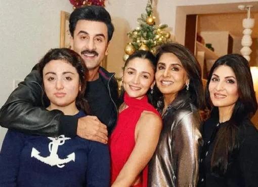 Riddhima Kapoor Sahni smiling with Ranbir Kapoor and Alia Bhatt.