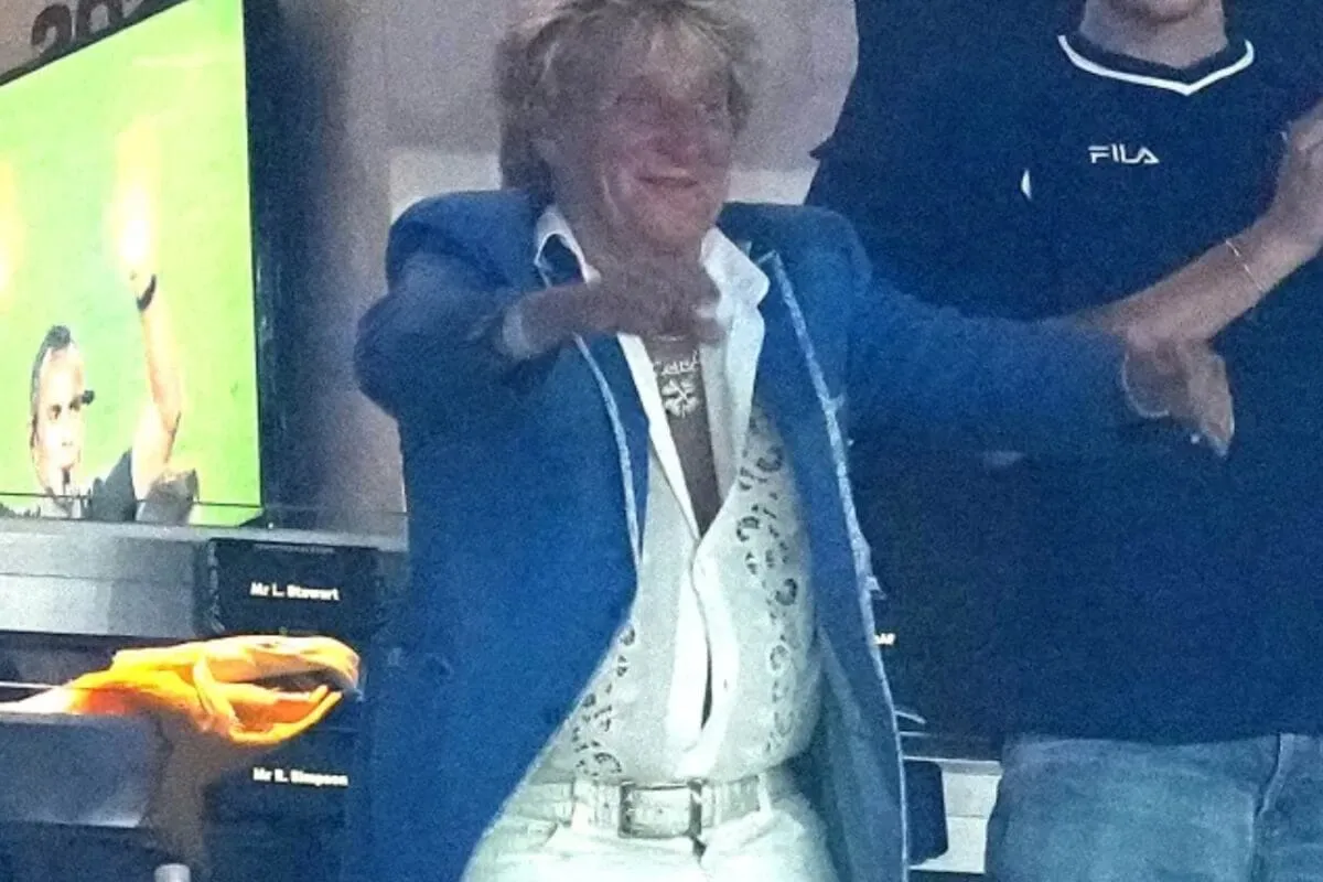 Rod Stewart at a soccer game, wearing a scarf and cheering.
