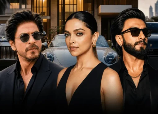 Shah Rukh Khan, Deepika Padukone, and Ranveer Singh posing in luxury outfits
